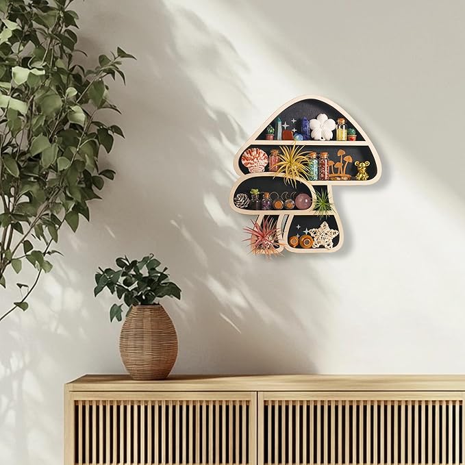 Cute Mushroom Decor, Wooden Floating Mushroom Shelf for Wall, Crystal Display Shelf Rock Gem Stone Display Shelf Wall Mounted
