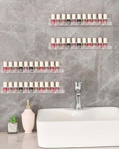 LikeU Nail Polish Rack Wall Mounted Shelf 2 Pack,Clear Acrylic Nail Polish Holder Organizer with Removable Anti-Slip End Inserts,2 Tiers Floating Polish Organizer Display 30 Bottles