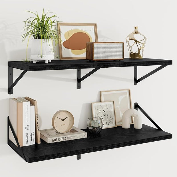 Floating Shelves, 12 Inch Deep Rustic Wood Wall Storage, 36W x 12D Wall Shelves Set of 2, Heavy Duty Metal Brackets, Large Industrial Book Shelf for Living Room, Kitchen, Bedroom, Black