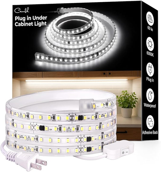 60inch Plug in Under Cabinet Lighting Strip for Kitchen, 120V Bright LED Under Counter Lights 6000k White Slim, Luces para Cocina Bajo Gabinete Under Shelf Wired Light for Sink/Workbench/Bookshelf