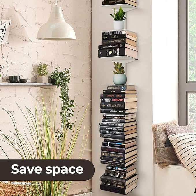 Floating Book Shelves for Wall, 6 Tier Invisible Floating Bookshelf, Vertical Spine Book Tower, Wall Mounted & Space Saving, Heavy Duty Metal Book Organizer for Home Office, 3 Pack White