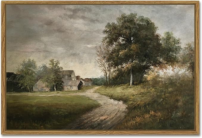 SHENIFY Landscape 16x24in Large Vintage Framed Canvas Wall Art Classical Village Prints Farmhouse Bathroom Office Decor - Natural Framed