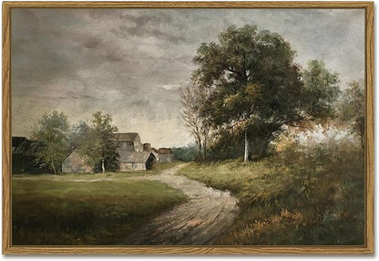 SHENIFY Landscape 16x24in Large Vintage Framed Canvas Wall Art Classical Village Prints Farmhouse Bathroom Office Decor - Natural Framed