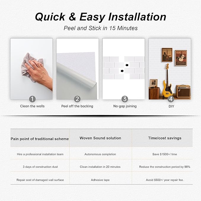 WoveN SounD Brick Acoustic Wall Panels Seamless Visual, High Density, Sound Proof Wall Decor, Noise Blocker Felt Wall Tiles for Home, Studio, Office & Focus Zones (White), 16x12x0.4 Inch