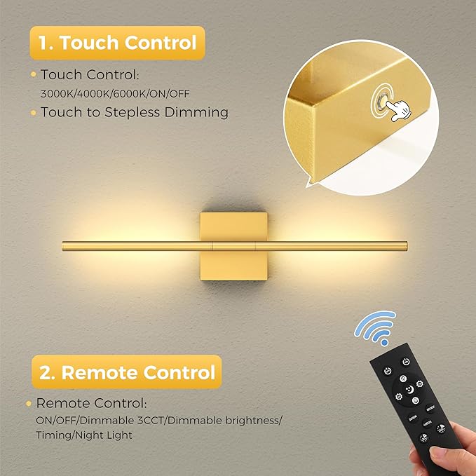 L LOHAS LED Battery Operated Wall Sconces Set of 2, Battery Wall Sconce 10000mAh, Gold Rechargeable Sconces 3CCT, 23.7 Inch Wireless Wall Lights, Sconce Wall Decor for Bedroom, Living Room