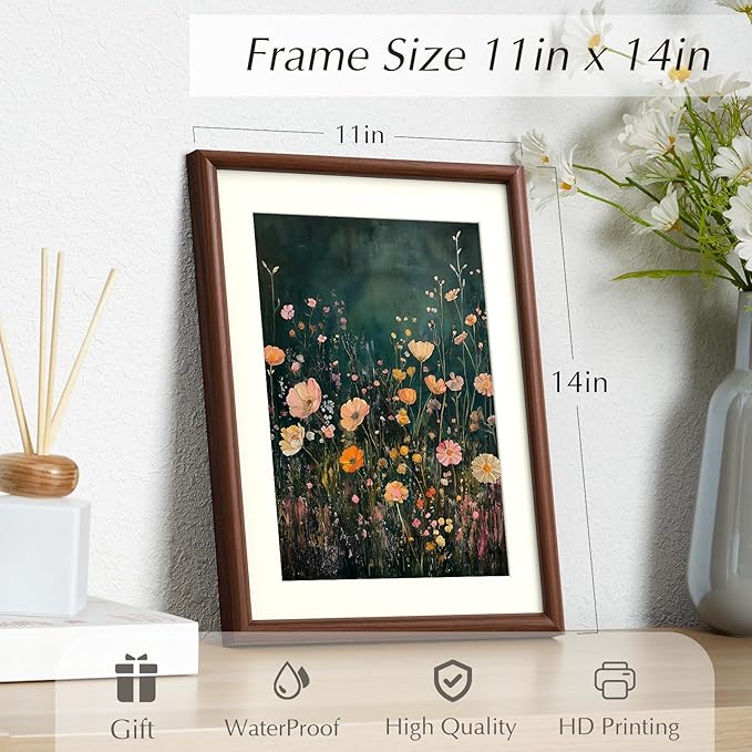 InSimSea Brown Framed Canvas Wall Art, Bedroom Small Vintage Art,11x14in, Retro Wildflower Paintings Prints, Country Floral Shelf Decor for Living Dining Room Hallway, Anti-dust(with acrylic panel)