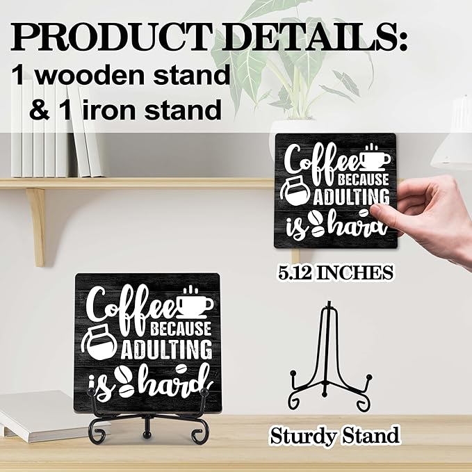Coffee Bar Decor, Farmhouse Kitchen Table Decor, Coffee Station Accessories, Wooden Decorative Sign with Iron Stand for Table Desk Shelf Display-E16