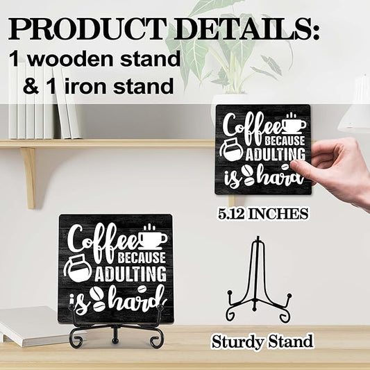 Coffee Bar Decor, Farmhouse Kitchen Table Decor, Coffee Station Accessories, Wooden Decorative Sign with Iron Stand for Table Desk Shelf Display-E16