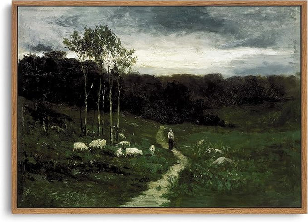 OIQArtOIQ Framed Vintage Landscape Wall Art Shepherd Natural Scenery Oil Painting Canvas Prints Country Farmhouse Aesthetic Decor Pictures for Kitchen Bedroom Living Room Bathroom