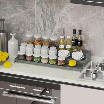 Expandable Spice Rack Storage organizer with 3-Tier step shelf cabinet,seasoning rack organizion.Great for Kitchen countertop shelves,Bathroom,dressing table,Cupboard,Pantry and more(2packs/Gun-gray)