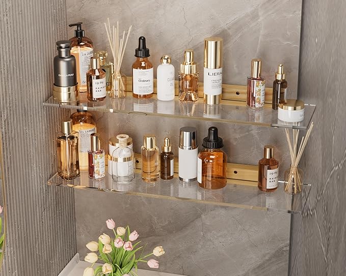 Acrylic Floating Shelves with Solid Wood Base, Wall Mounted Shelf for Plants, Perfume, Nail Polish, Bathroom, Bedroom & Living Room Décor