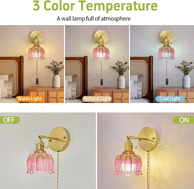 Plug in Wall Sconces,Plug in Wall Lamp, Vintage Wall Light with Pink Tulip Glass Lampshade, 3-Way Dimmable with Dual Switches, No Wiring Needed for Bedroom Wall Decor and Hallway