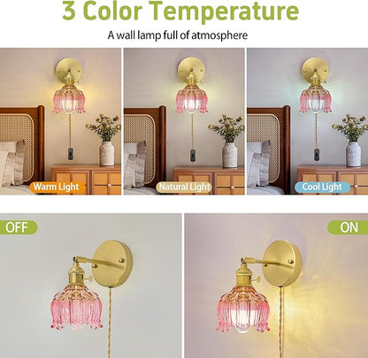 Plug in Wall Sconces,Plug in Wall Lamp, Vintage Wall Light with Pink Tulip Glass Lampshade, 3-Way Dimmable with Dual Switches, No Wiring Needed for Bedroom Wall Decor and Hallway