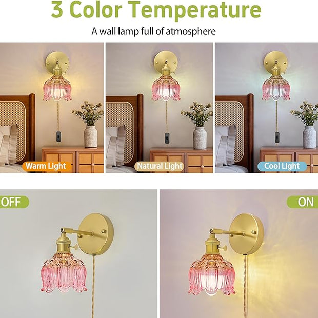 Plug in Wall Sconces,Plug in Wall Lamp, Vintage Wall Light with Pink Tulip Glass Lampshade, 3-Way Dimmable with Dual Switches, No Wiring Needed for Bedroom Wall Decor and Hallway