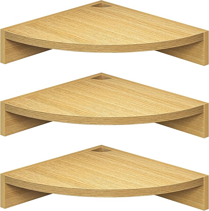 Fun Memories Corner Shelf Wall Mount, Wood Floating Corner Shelves, Corner Wall Shelf for Bedroom, Bathroom, Kitchen, Living Room (Oak, 3 Pack)