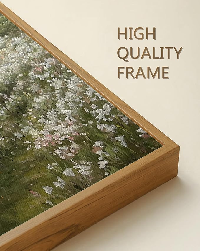SHENIFY 24x36in Large Vintage Landscape Framed Canvas Wall Art Countryside Flower Field Classic Paintings Farmhouse Bathroom Office Decor - Natural Framed