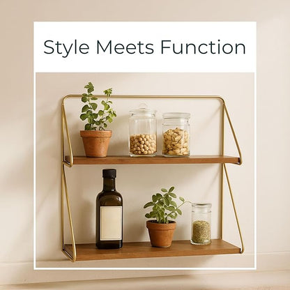 Wood Floating Shelf for Wall – 2-Tier Floating Shelves with Iron Frame, Home Decor Shelf for Bedroom – Modern Wall Shelves for Living Room & Bathroom – 20", Gold & Wood