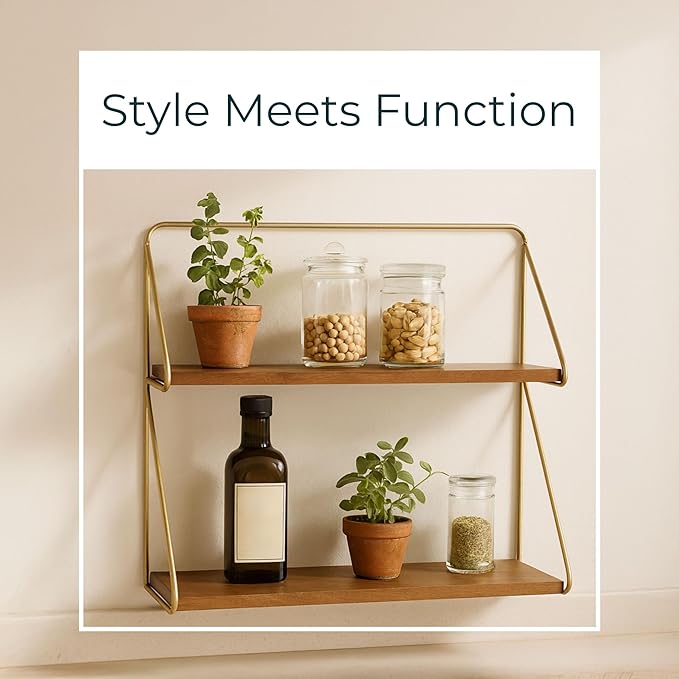 Wood Floating Shelf for Wall – 2-Tier Floating Shelves with Iron Frame, Home Decor Shelf for Bedroom – Modern Wall Shelves for Living Room & Bathroom – 20