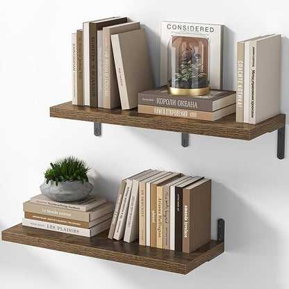 Marsmiles Extra Wide Floating Shelves for Wall, 24x8 Inch Natural Wood Grain Bookshelves, Heavy Duty Mounted Shelving for Bathroom, Kitchen, Living Room, Bedroom,Set of 2，Rustic Brown