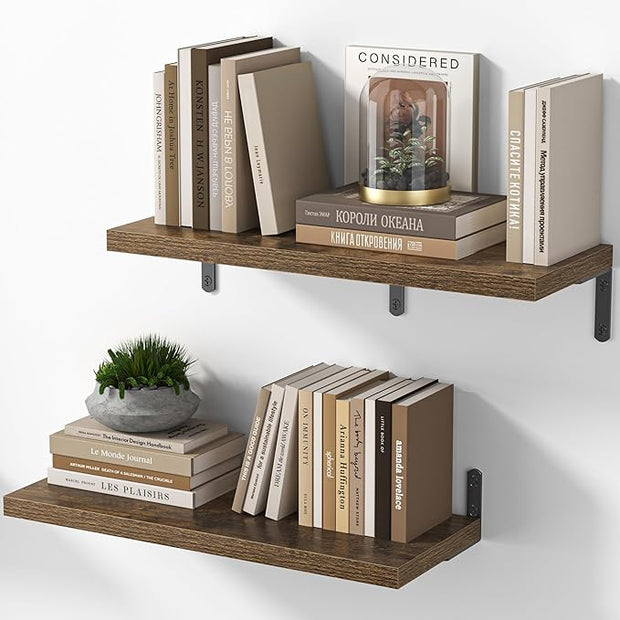 Marsmiles Extra Wide Floating Shelves for Wall, 24x8 Inch Natural Wood Grain Bookshelves, Heavy Duty Mounted Shelving for Bathroom, Kitchen, Living Room, Bedroom,Set of 2，Rustic Brown
