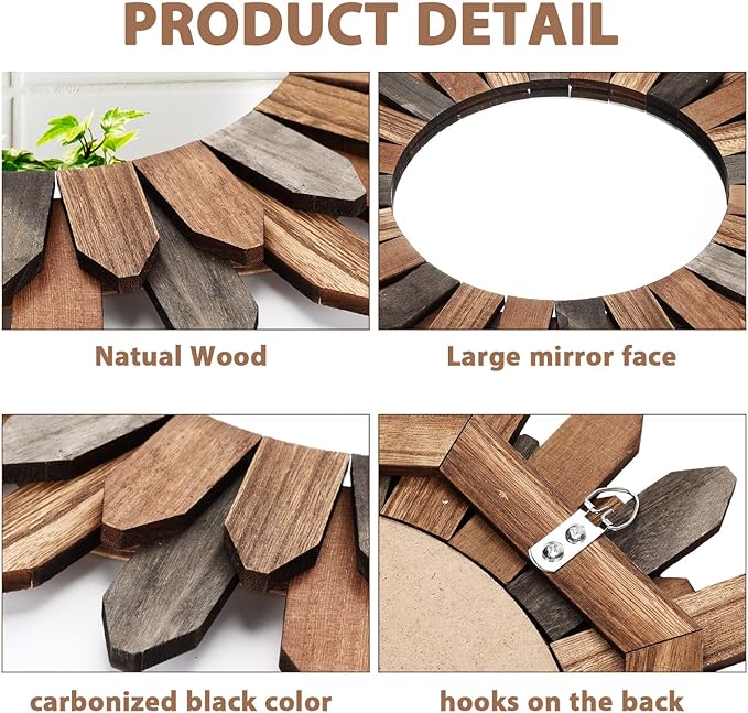 3 Pcs Boho Wall Decor Round Sunburst Mirror Boho Circle Mirror with Rustic Wood Frame Decorative Hanging Wall Art for Farmhouse Home Decor,17 Inch and 12 Inch(Tril Color)