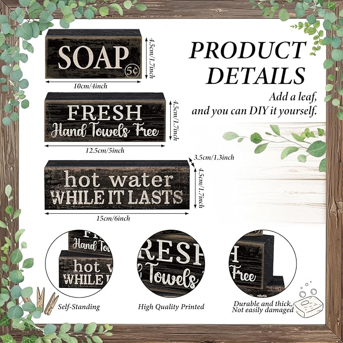 4 Pcs Bathroom Shelf Decor Sign Farmhouse Bathroom Decor and Accessories Rustic Eucalyptus Leaves Block Sign Soap Fresh Hand Towel Free Table Centerpiece for Home Toilet Hotel Campsite