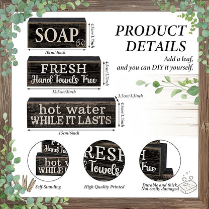 4 Pcs Bathroom Shelf Decor Sign Farmhouse Bathroom Decor and Accessories Rustic Eucalyptus Leaves Block Sign Soap Fresh Hand Towel Free Table Centerpiece for Home Toilet Hotel Campsite