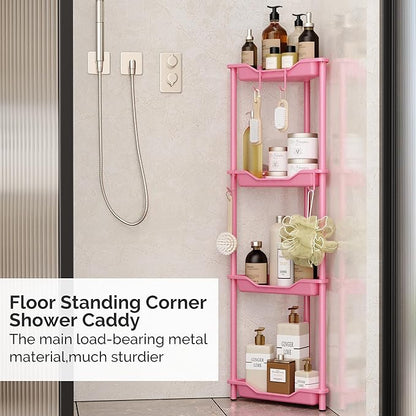 Orimade Rustproof 4 Tier Floor Standing Corner Shower Caddy Organizer, Plastic Metal Splicing Floor Corner Shelf Rack Storage Stands for Bathroom,10.8 x 10.8 x 44.6 inches, Pink