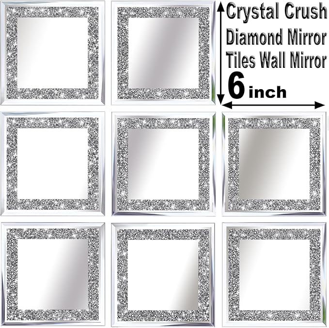 Crush Diamond Mirrors Wall Decor 6inch Mirror Tiles for Crafts, 8 Pack Square Silver Diamond Glass Mirrors for Home Wall Decor, Mosaics DIY.
