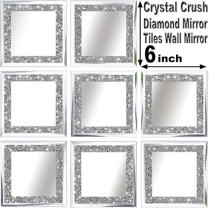 Crush Diamond Mirrors Wall Decor 6inch Mirror Tiles for Crafts, 8 Pack Square Silver Diamond Glass Mirrors for Home Wall Decor, Mosaics DIY.