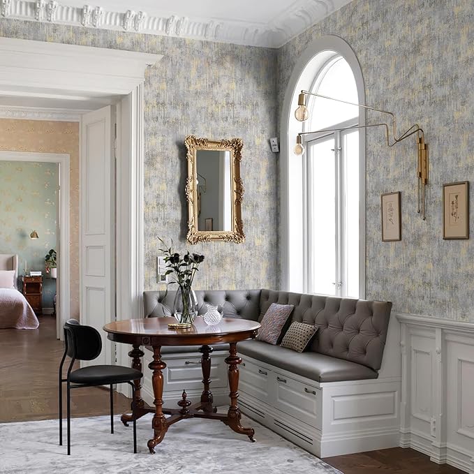 Simon&Siff Textured Wallpaper Distressed Concrete Wallpaper 17.3in x 39.4ft White/Gold/Gray Metallic Modern Wall Paper Non Woven Neutral for Bedroom Traditional Wall Paper Need Adhesive