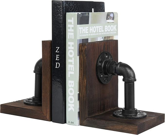MyGift Book Ends Decorative, Bookends for Shelves, Metal Bookends for Heavy Books, Office Decor for Men, Wood Book Stopper, Realistic Industrial Pipe Design, Dark Brown