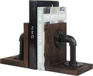 MyGift Book Ends Decorative, Bookends for Shelves, Metal Bookends for Heavy Books, Office Decor for Men, Wood Book Stopper, Realistic Industrial Pipe Design, Dark Brown