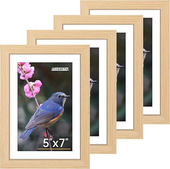 FIXSMITH 5x7 Picture Frame Set of 4, Photo Frame with HD Plexiglass, Display Pictures 4x6 with Mat or 5x7 Without Mat Multi Picture Frames Collage for Tabletop or Wall Display, Natural