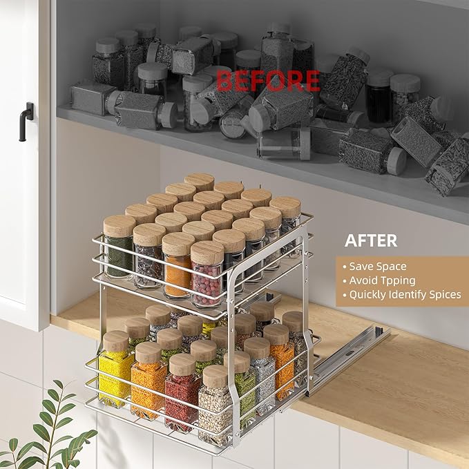 Pull Out Spice Rack Organizer for Inside Cabinet, 2 Tier Metal Spice Organization for Cabinet, Vertical Slide Out Seasoning Organizer, 9.65