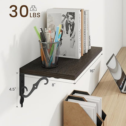 RICHFOCUS Floating Shelves for Wall Decor, 8 Inch Deep Shelves Set of 2, 16W x 8D Floating Shelves Wall Mounted with Metal Brackets, Rustic Wood Shelves for Living Room Bedroom Kitchen, Black