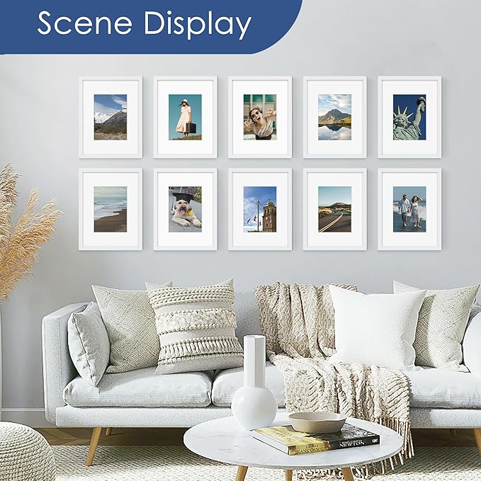 PEALSN 9x12 Picture Frame Set of 6, Display Pictures 6x8 with Mat or 9x12 without Mat for Wall Mounting or Table Top Display, Photo Frames Collage for Wall Decor, White.