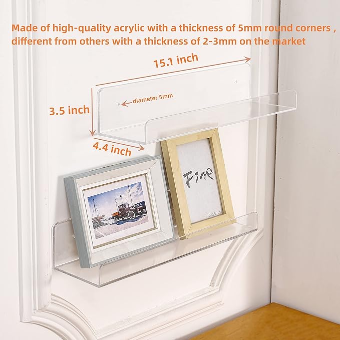 CY craft 6 PCS Acrylic Invisible Floating Bookshelf for Kids Room,15 inch Modern Picture Ledge Display Toy Storage Wall Shelf 5MM Thick U Shelves Storage Rack