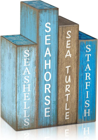 4 Pcs Summer Table Decoration Wooden Book Coastal Beach Decoration Blue and White Summer Tiered Tray Decor Wood Book Sign Farmhouse for Ocean Party Home Shelf Coffee Table