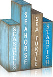 4 Pcs Summer Table Decoration Wooden Book Coastal Beach Decoration Blue and White Summer Tiered Tray Decor Wood Book Sign Farmhouse for Ocean Party Home Shelf Coffee Table