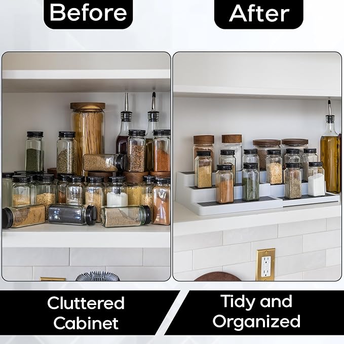 Pack of 1, Expandable 3 Tiered Spice Rack Organizer for Cabinet and Kitchen Pantry Shelf - Non-Slip Shelves for Spices, Seasoning, Canned Food, Medicine Cabinet Organizer - Includes Silicone Funnels
