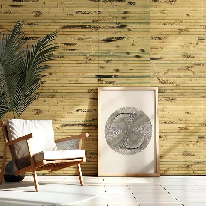 Natural Bamboo Wall Panel for Interior Wall Decor, Renewable Pole Wrap Wainscoting Paneling for Wall Ceiling Furniture Cabinet Office, 12 x 96 Inch, Light Burned