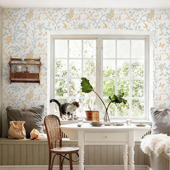 Yellow Wallpaper Floral Peel and Stick Wallpaper Boho Light Blue and Yellow Wall Paper Bird Botanical Contact Paper for Cabinets Renter Friendly Self-Adhesive Bathroom Bedroom 78.7"×17.3"