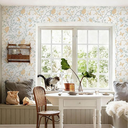 Yellow Wallpaper Floral Peel and Stick Wallpaper Boho Light Blue and Yellow Wall Paper Bird Botanical Contact Paper for Cabinets Renter Friendly Self-Adhesive Bathroom Bedroom 78.7"×17.3"
