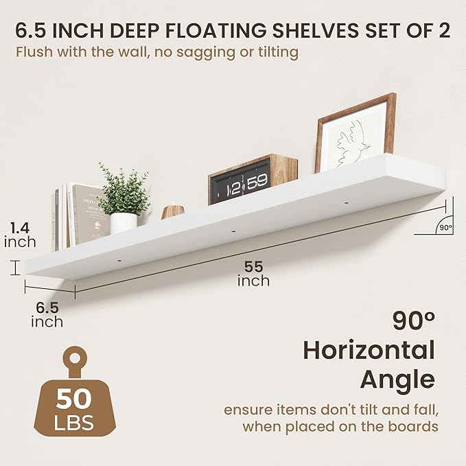 55 Inch Floating Shelves | 6.5 Inch Deep White Floating Shelves Set of 2 | 55" W x 6.5" D Rustic White Wood Wall Shelves with Invisible Brackets for Bathroom Living Room Bedroom