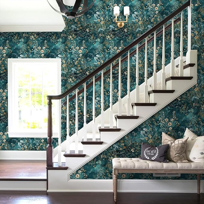 Floral Peel and Stick Wallpaper Green Flower Contact Paper 16.9inch x 393.7inch Botanical Self Adhesive Wallpaper for Bedroom Bathroom Vintage Decorative Cabinet Removable Paper Vinyl Roll