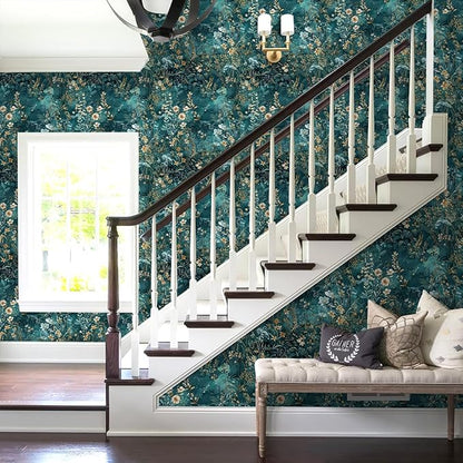 Floral Peel and Stick Wallpaper Green Flower Contact Paper 16.9inch x 393.7inch Botanical Self Adhesive Wallpaper for Bedroom Bathroom Vintage Decorative Cabinet Removable Paper Vinyl Roll
