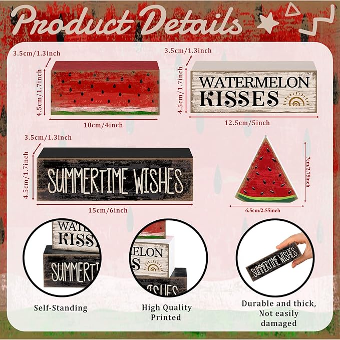 4 Pcs Summer Table Decor Wooden Watermelon Tiered Tray Decor Rustic Farmhouse Watermelon Block Signs Gifts Summer Tabletop Centerpieces for Home Kitchen Coffee Bar Decorations