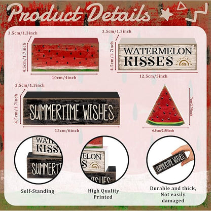 4 Pcs Summer Table Decor Wooden Watermelon Tiered Tray Decor Rustic Farmhouse Watermelon Block Signs Gifts Summer Tabletop Centerpieces for Home Kitchen Coffee Bar Decorations