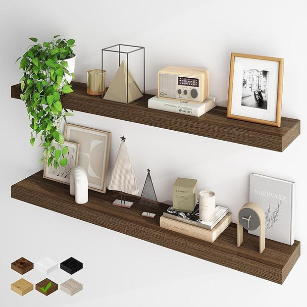 Fun Memories Floating Shelves for Wall, 48Inch Long Floating Shelves Set of 2, Hanging Shelf with Invisible Brackets, Wood Shelves for Living Room, Bedroom, Kitchen, Walnut